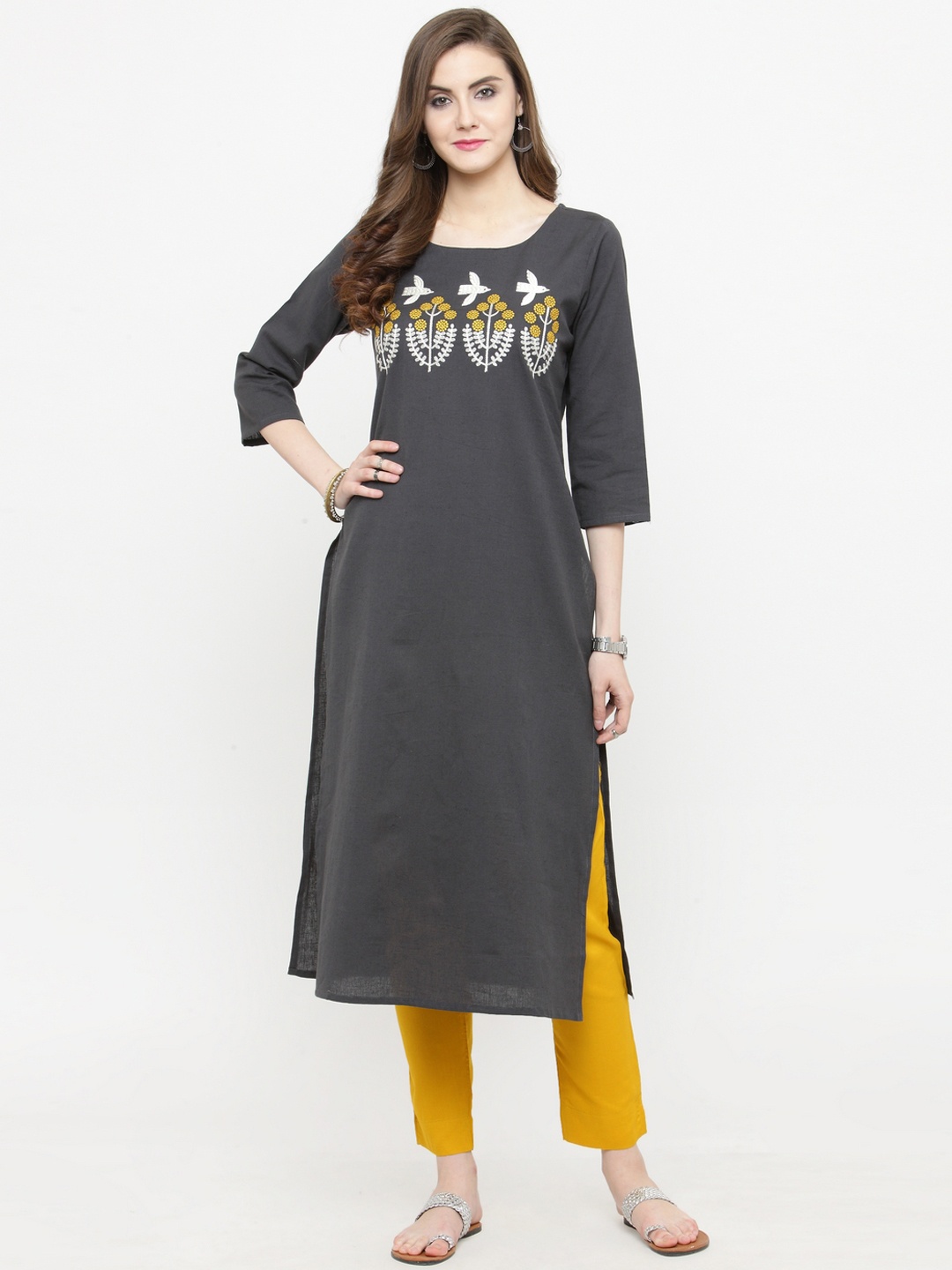 

Varanga Women Grey & Yellow Embroidered Kurta with Trousers