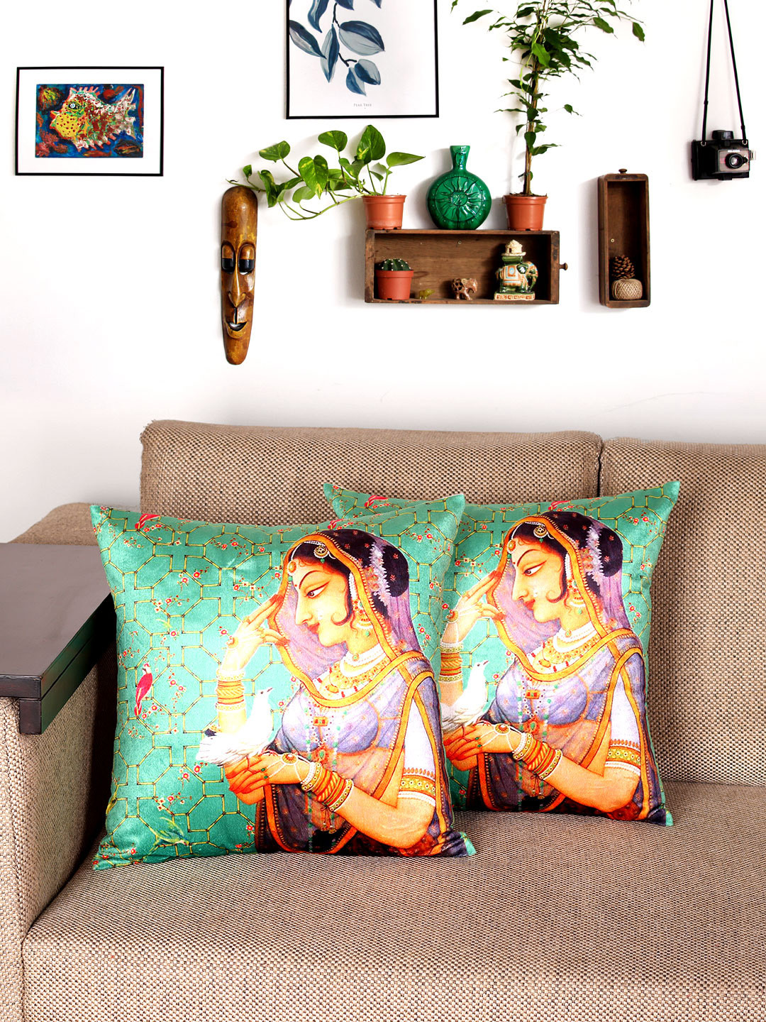 

NISRAG HOME Sea Green Set of 2 Ethnic Motifs Square Cushion Covers