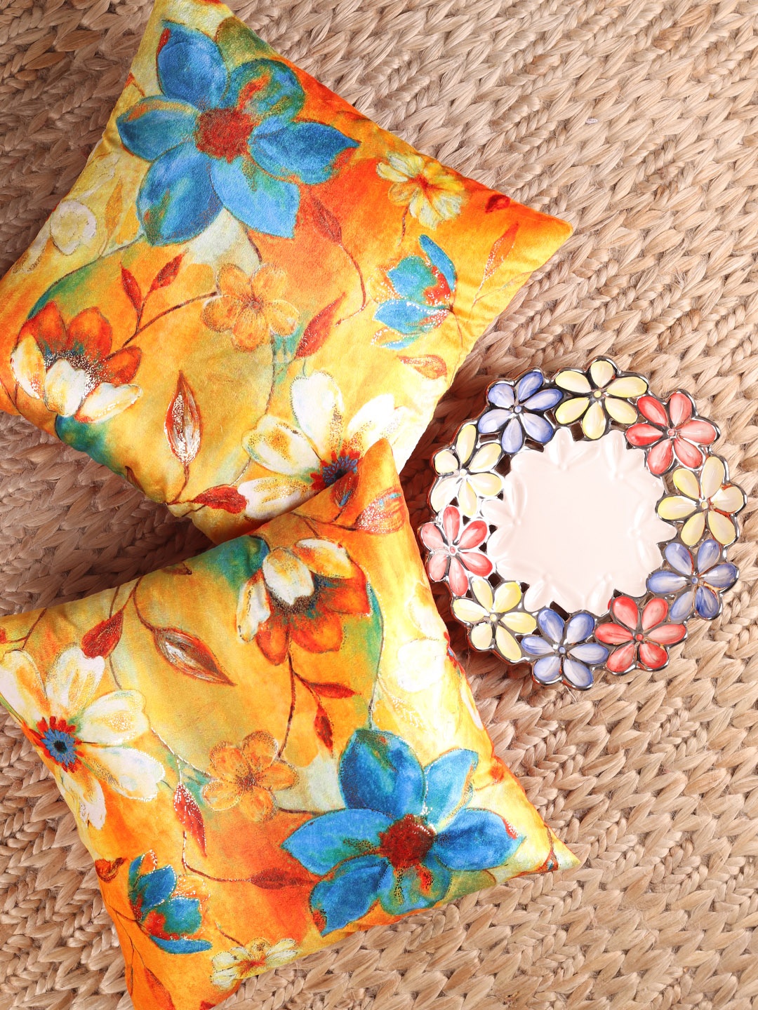 

NISRAG HOME Orange & Blue Set of 2 Floral Square Cushion Covers