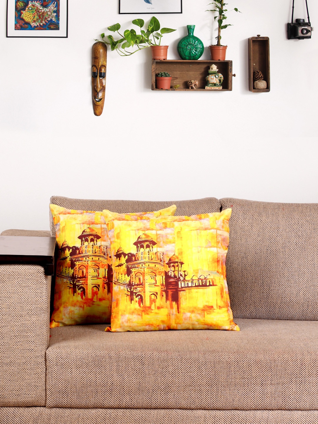 

NISRAG HOME Yellow & Brown Set of 2 Mahal Square Cushion Covers