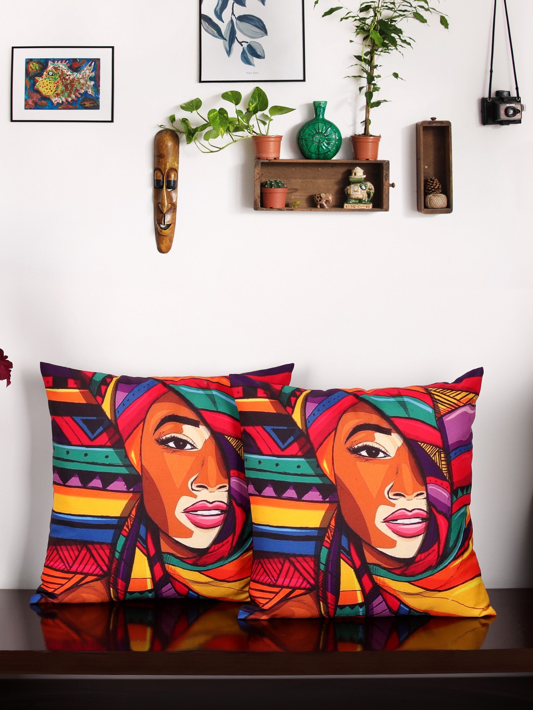 

NISRAG HOME Orange & Blue Set of 2 Abstract Square Cushion Covers