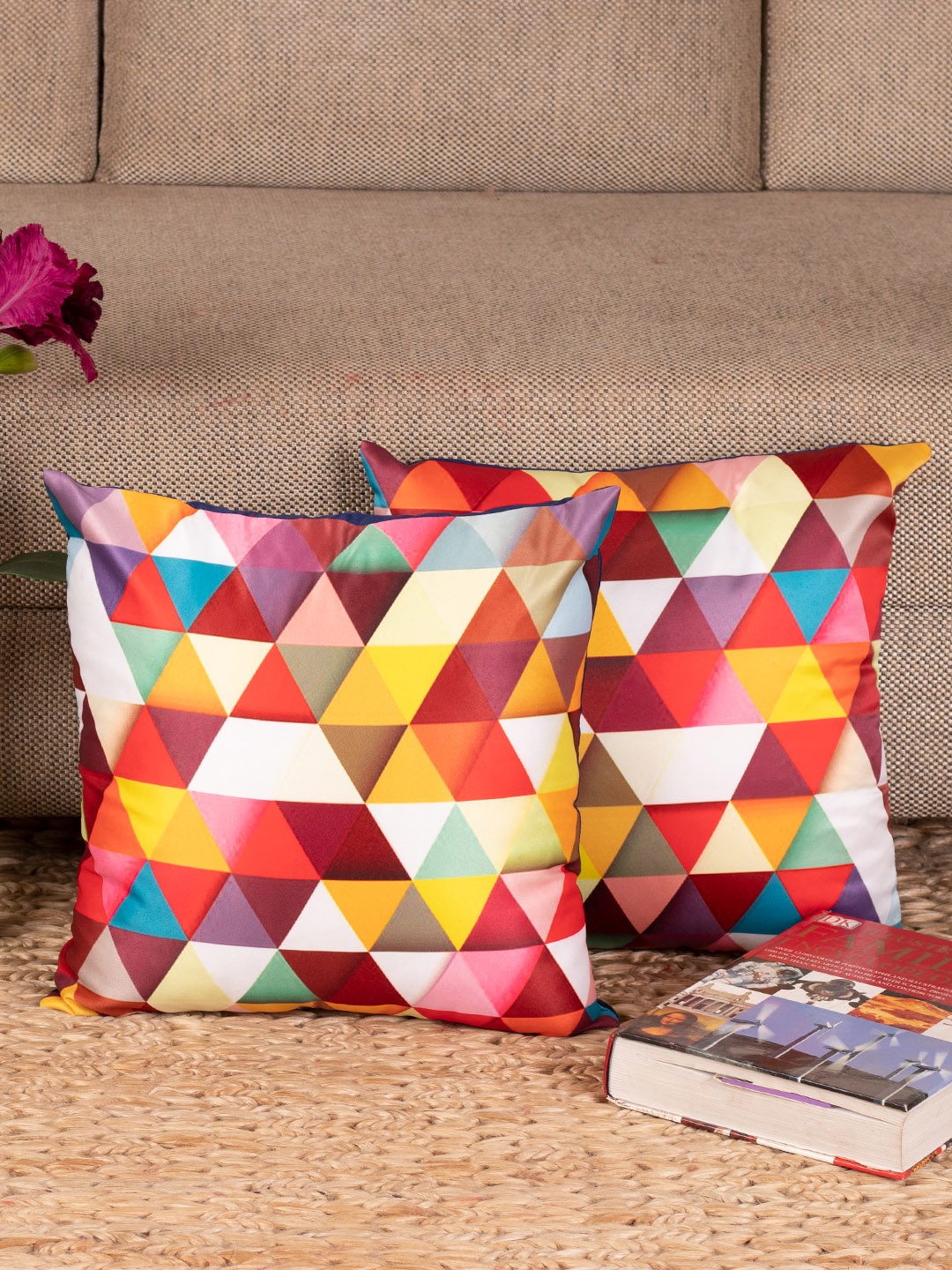 

NISRAG HOME Multicoloured Set of 2 Geometric Square Cushion Covers, Multi