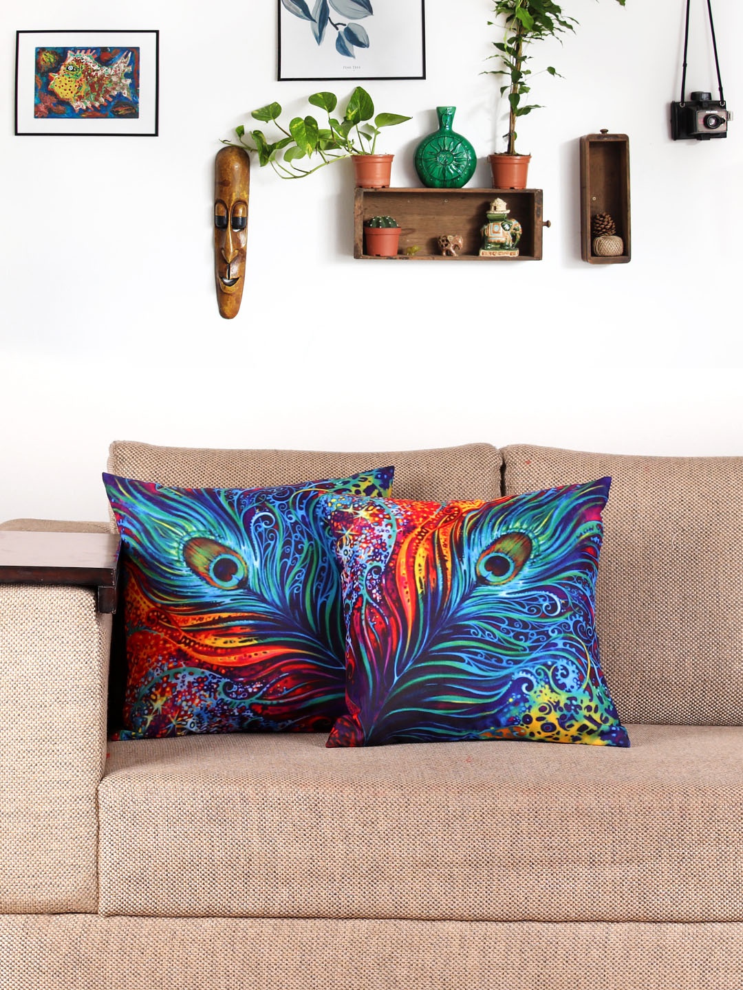

NISRAG HOME Blue & Red Set of 2 Mor Pankh Square Cushion Covers
