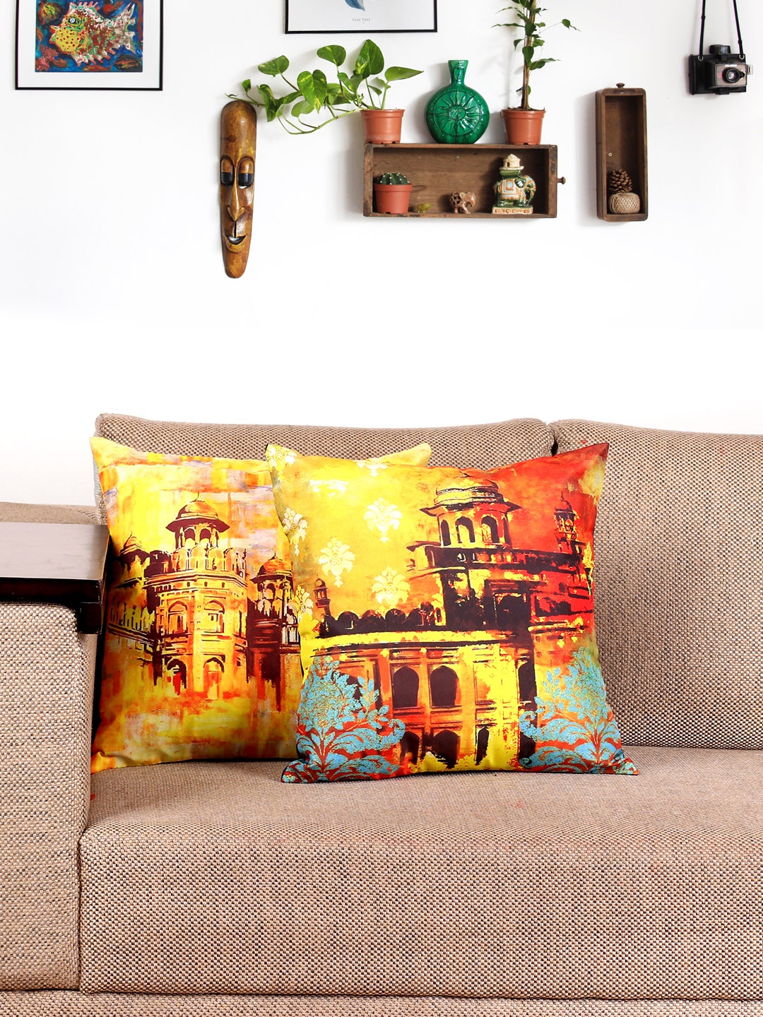 

NISRAG HOME Yellow & Orange Set of 2 Mahal Printed Square Cushion Covers