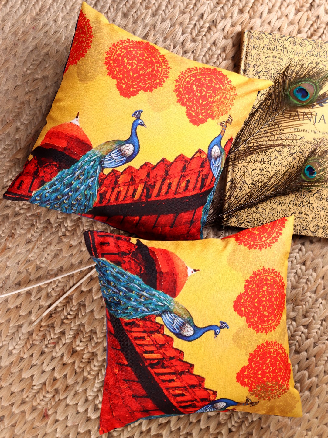 

NISRAG HOME Yellow & Red Set of 2 Peacock Printed Square Cushion Covers