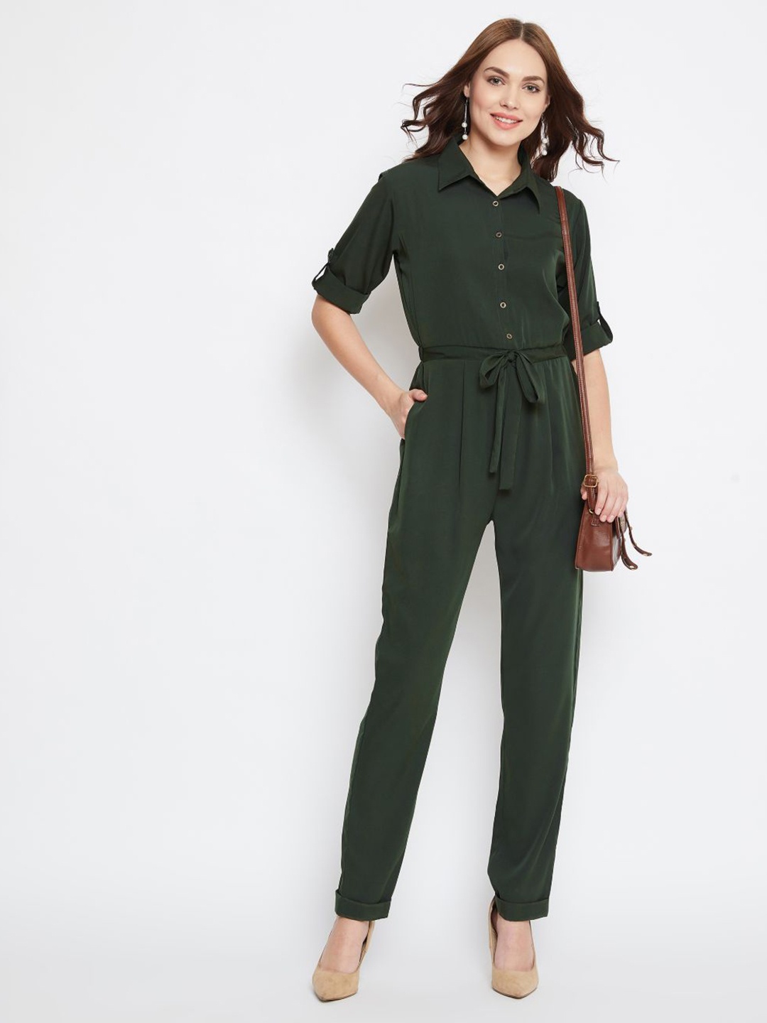 

Uptownie Lite Women Olive Green Solid Roll Up Jumpsuit With Waist Tie-Up