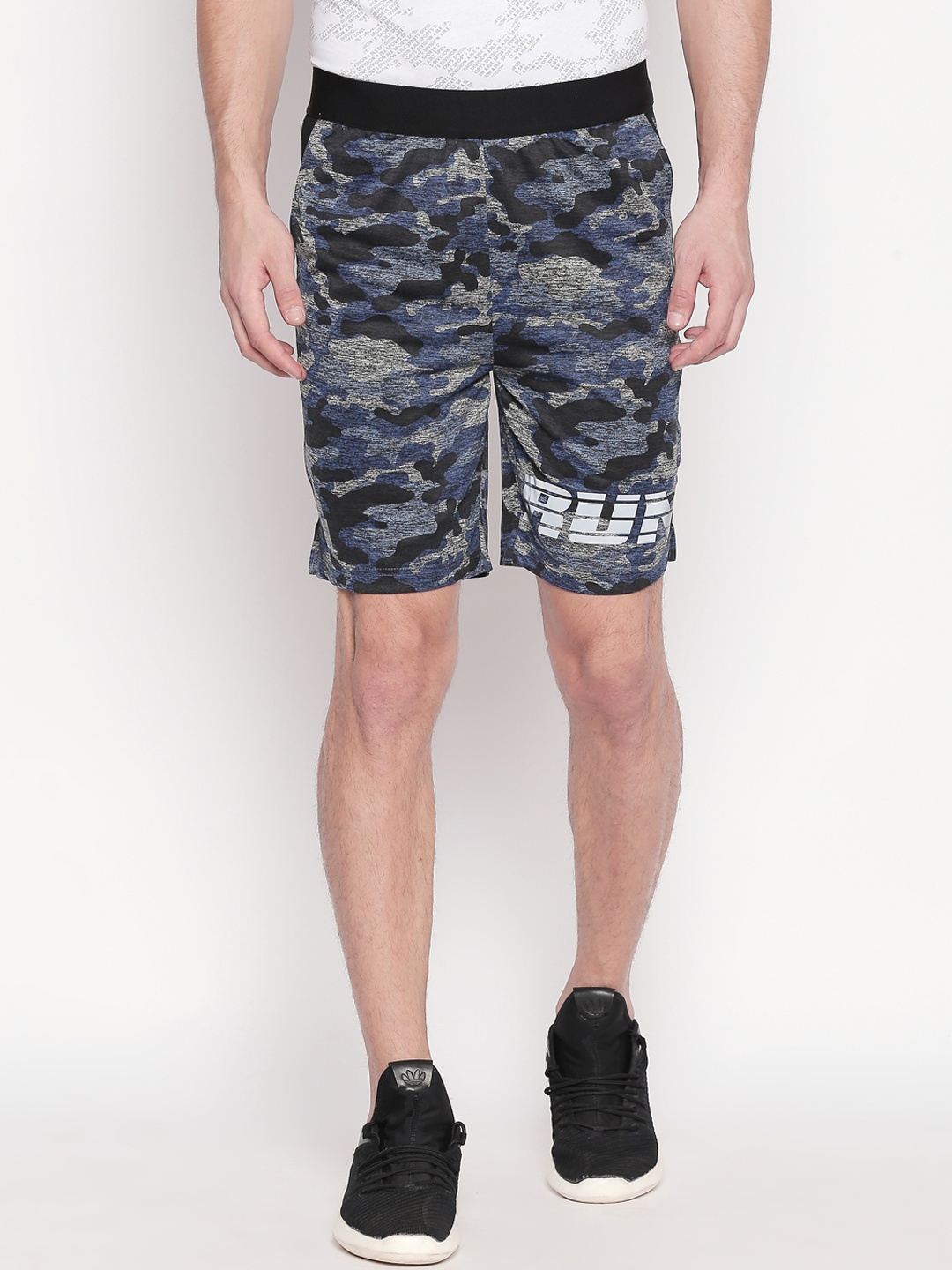 

Ajile by Pantaloons Men Blue & Grey Camouflage Printed Slim Fit Sports Shorts