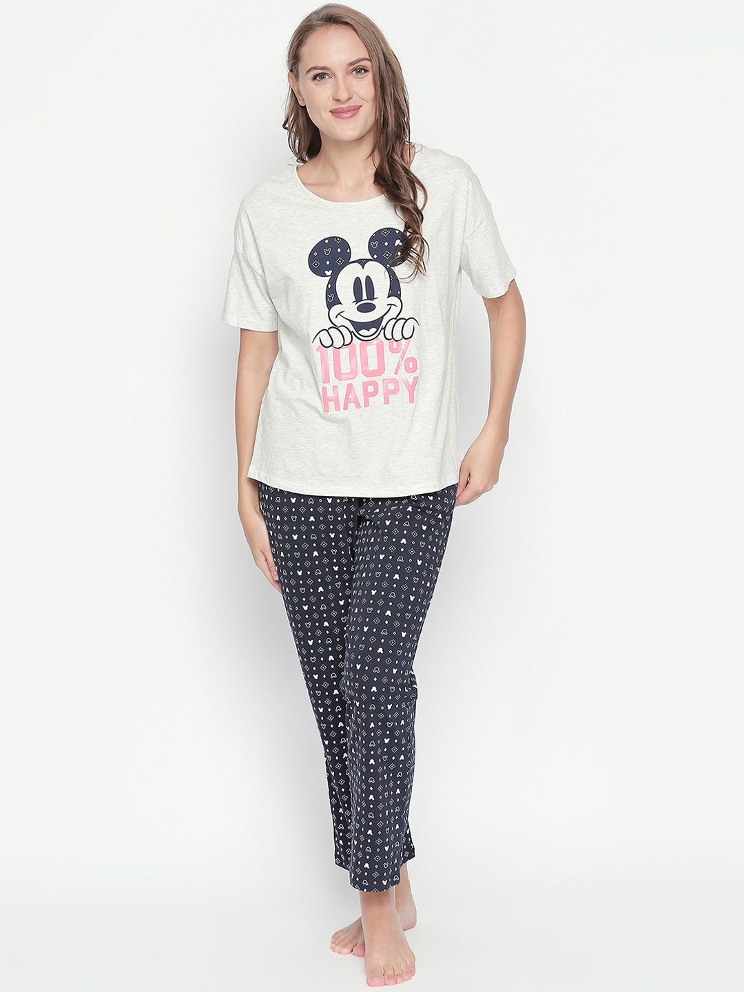 

Dreamz by Pantaloons Women Grey Melange & Navy Blue Mickey Mouse Printed Night suit