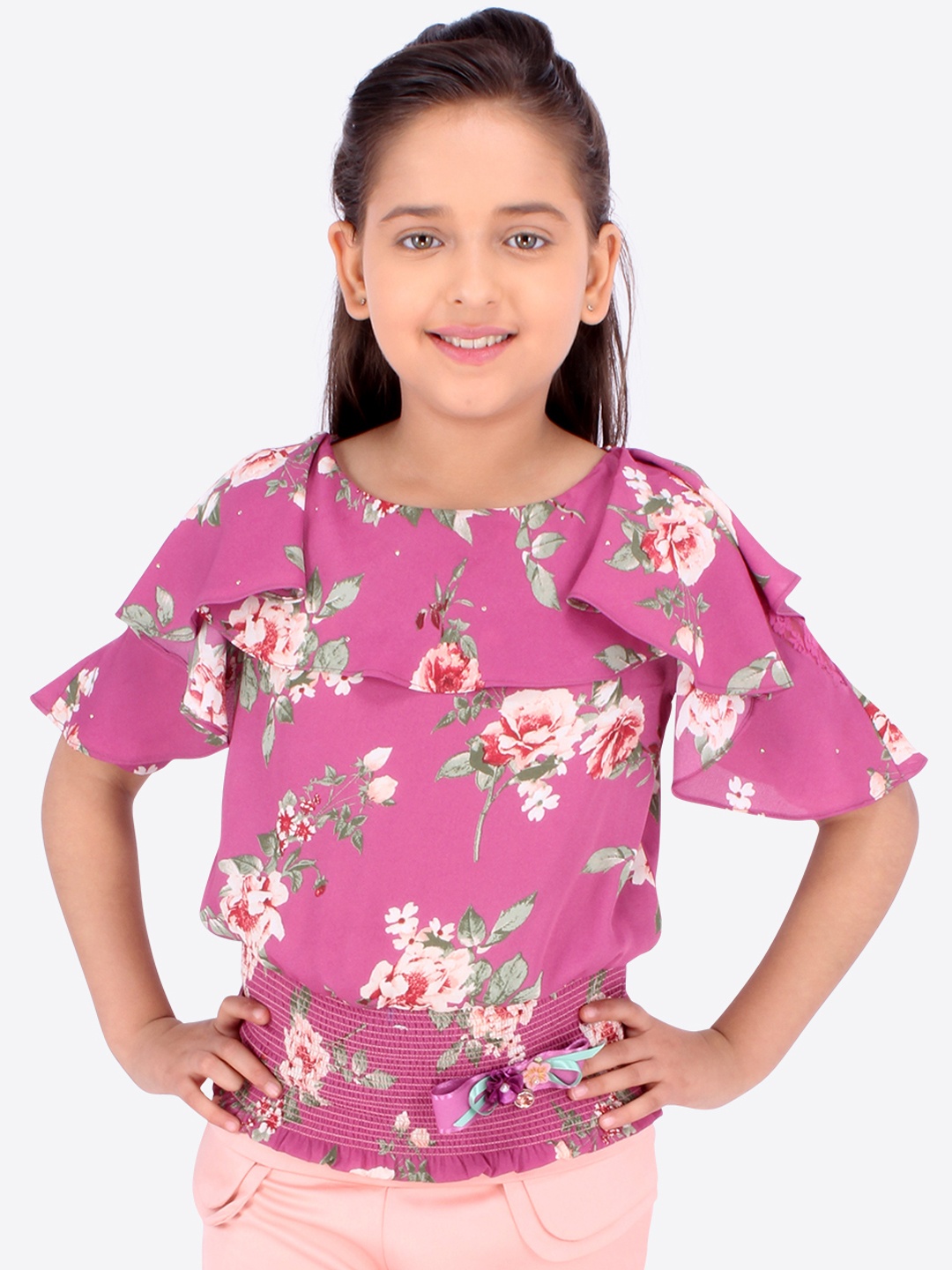 

CUTECUMBER Girls Fuchsia Pink Floral Printed Blouson Top