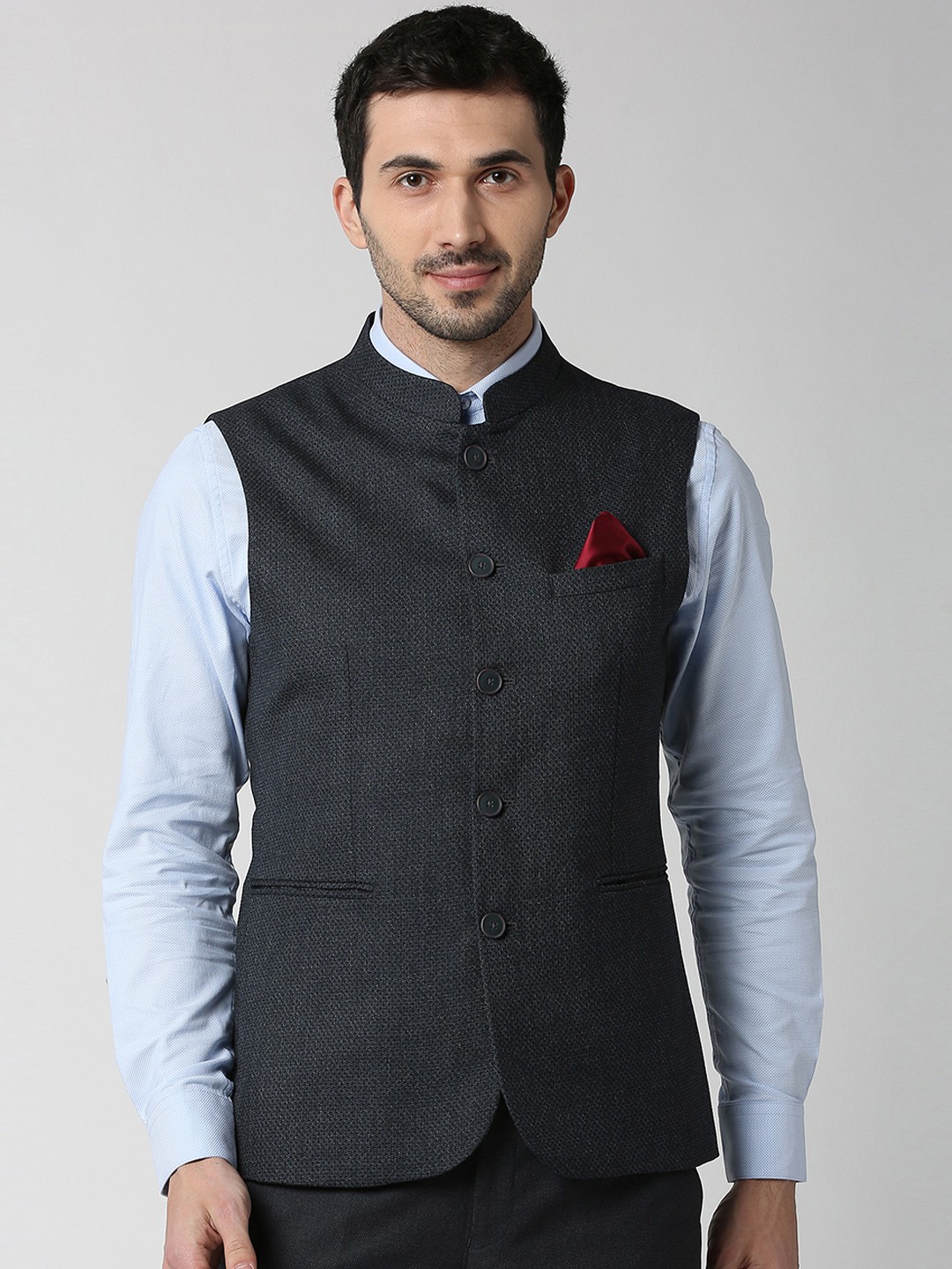 

Peter England Elite Men Black Woven Design Nehru Jacket