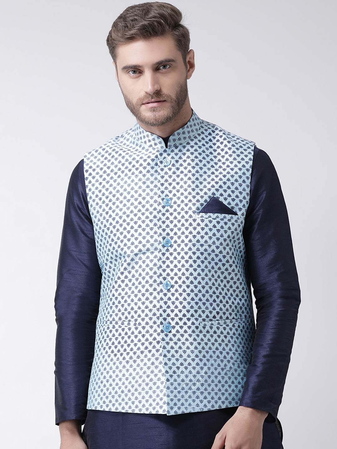 

DEYANN Men Blue Printed Woven Nehru Jacket