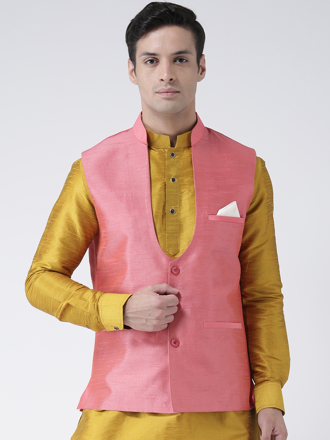 

DEYANN Men Pink Solid Woven Nehru Jacket