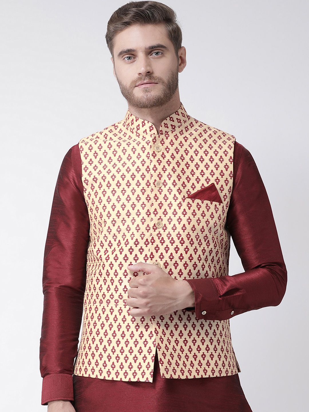 

DEYANN Men Beige & Red Printed Nehru Jacket