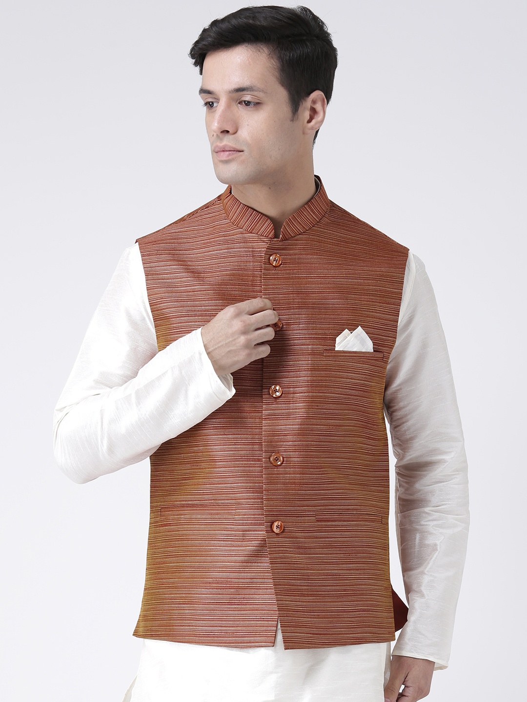 

DEYANN Men Brown Striped Woven Jacquard Silk Nehru Jacket