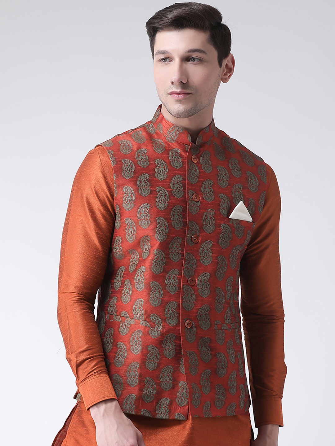 

DEYANN Men Orange & Green Printed Nehru Jacket