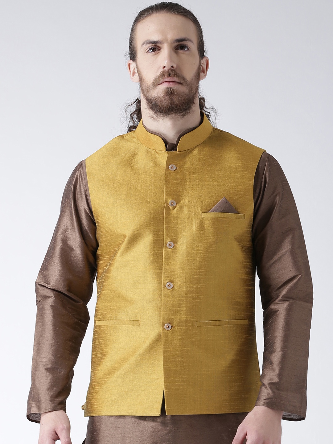 

DEYANN Men Mustard Yellow Solid Nehru Jacket