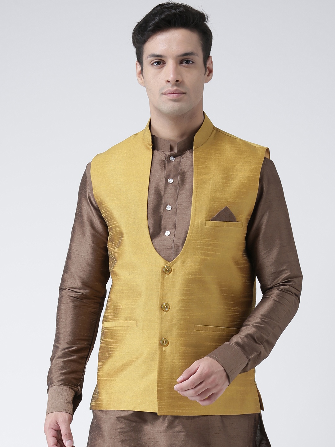 

DEYANN Men Yellow Solid Nehru Jacket