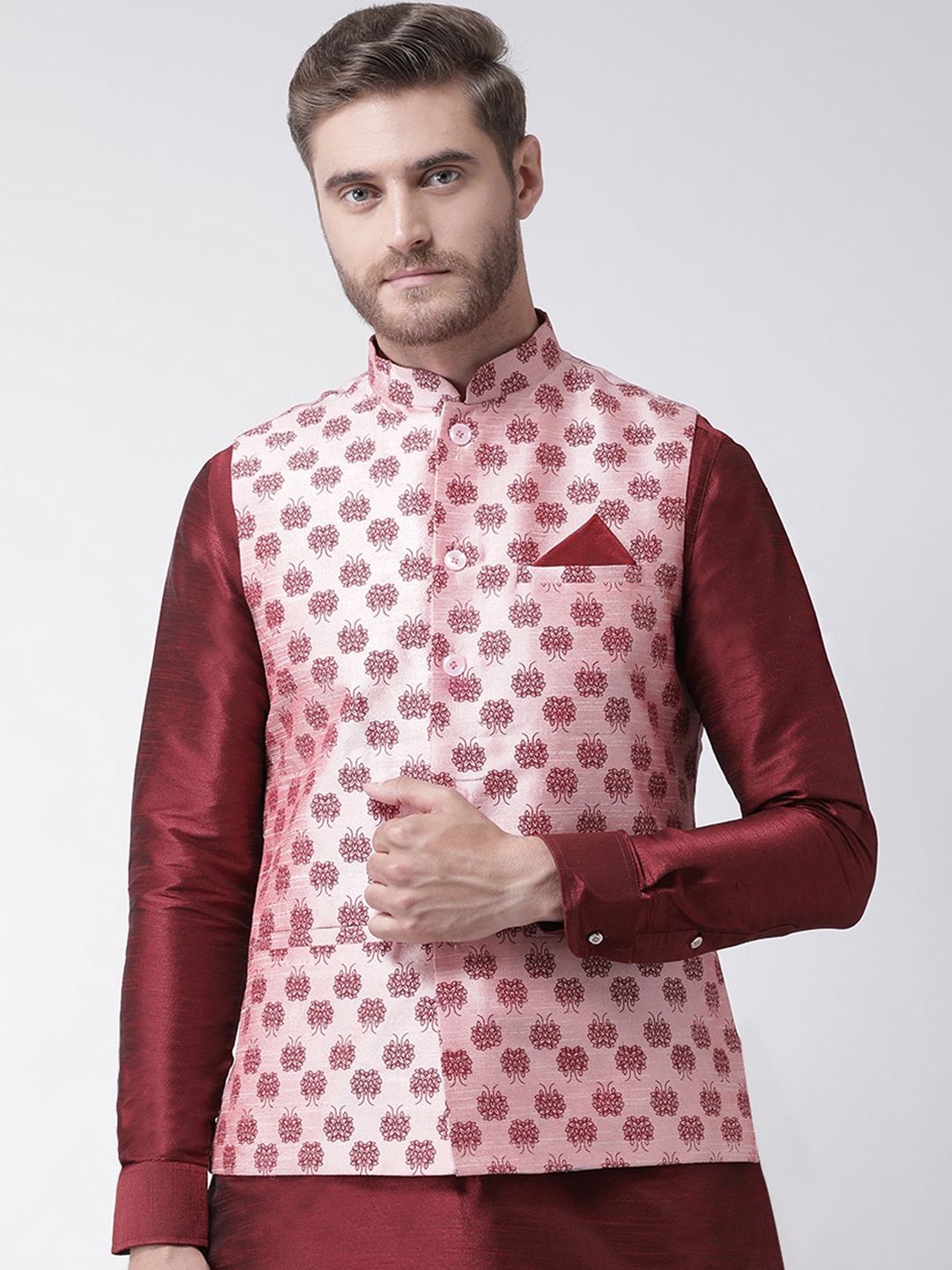 

DEYANN Men Pink & Maroon Printed Woven Nehru Jacket