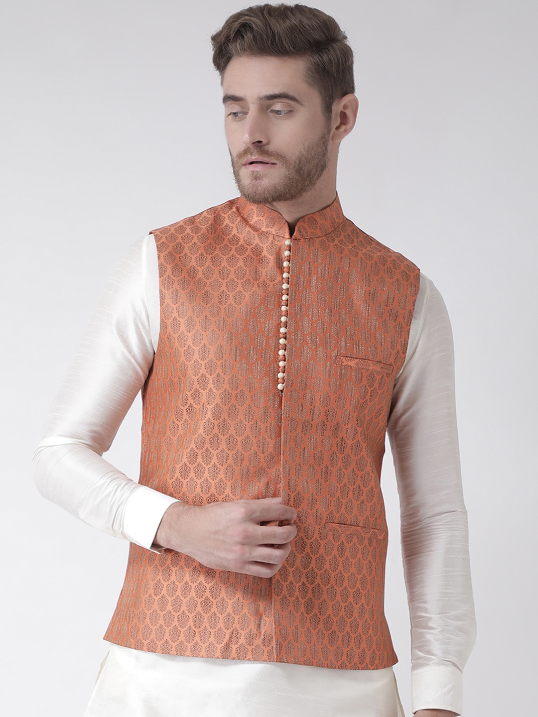 

DEYANN Men Orange Woven Design Nehru Jacket