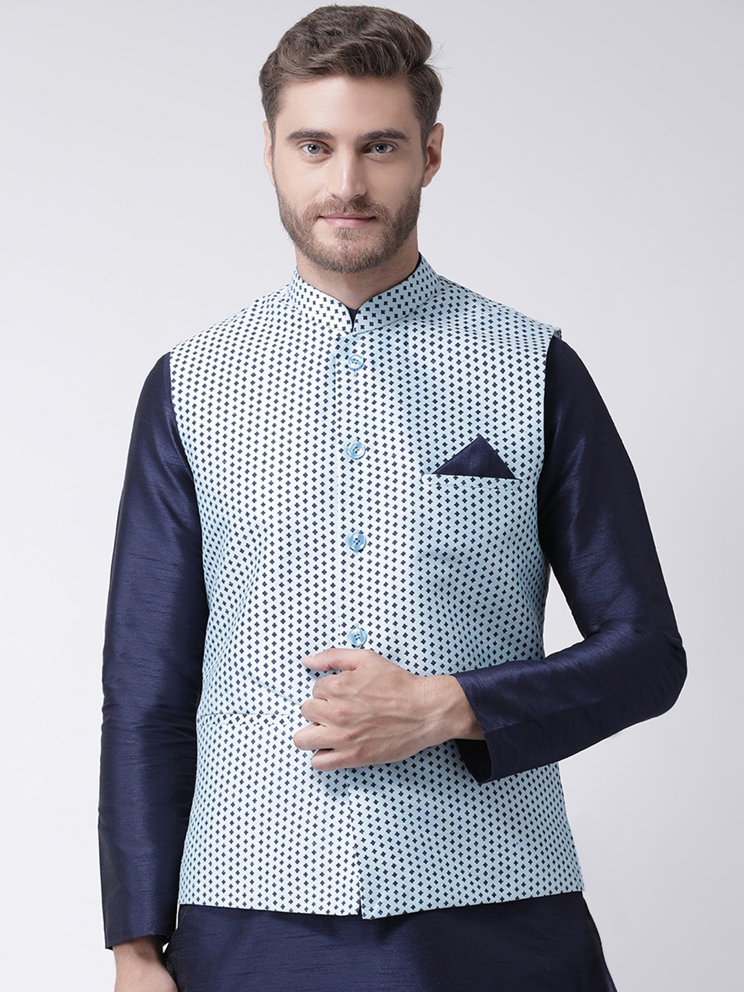 

DEYANN Men Blue Printed Dupion Silk Nehru Jacket