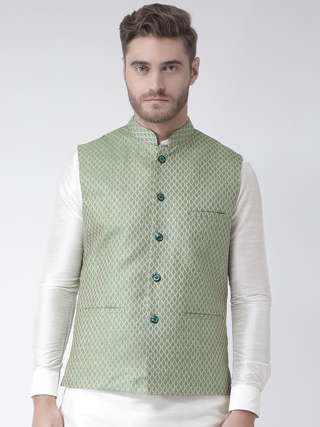 

DEYANN Men Green & Beige Woven Design Nehru Jacket