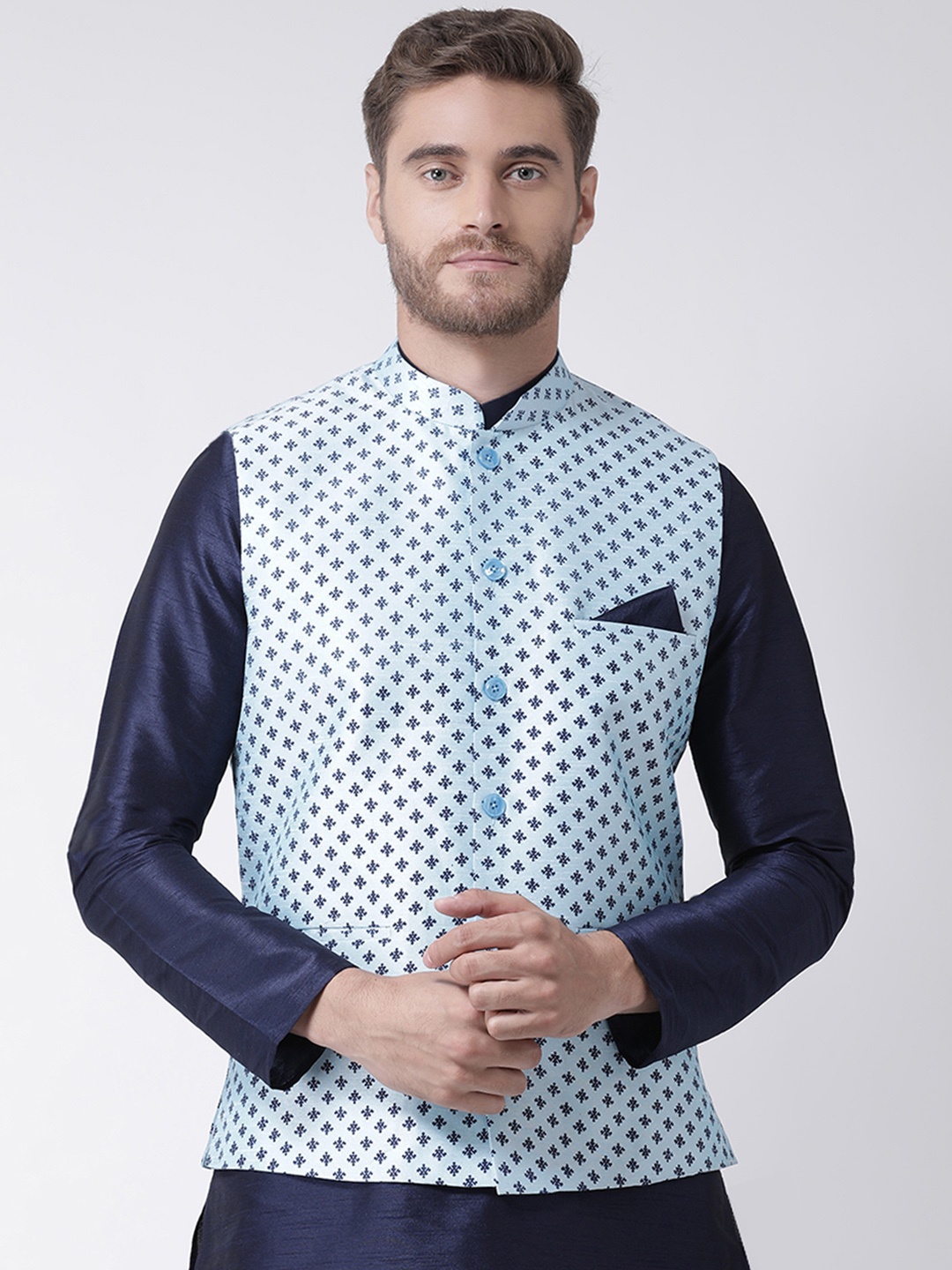 

DEYANN Men Blue Printed Woven Nehru Jacket