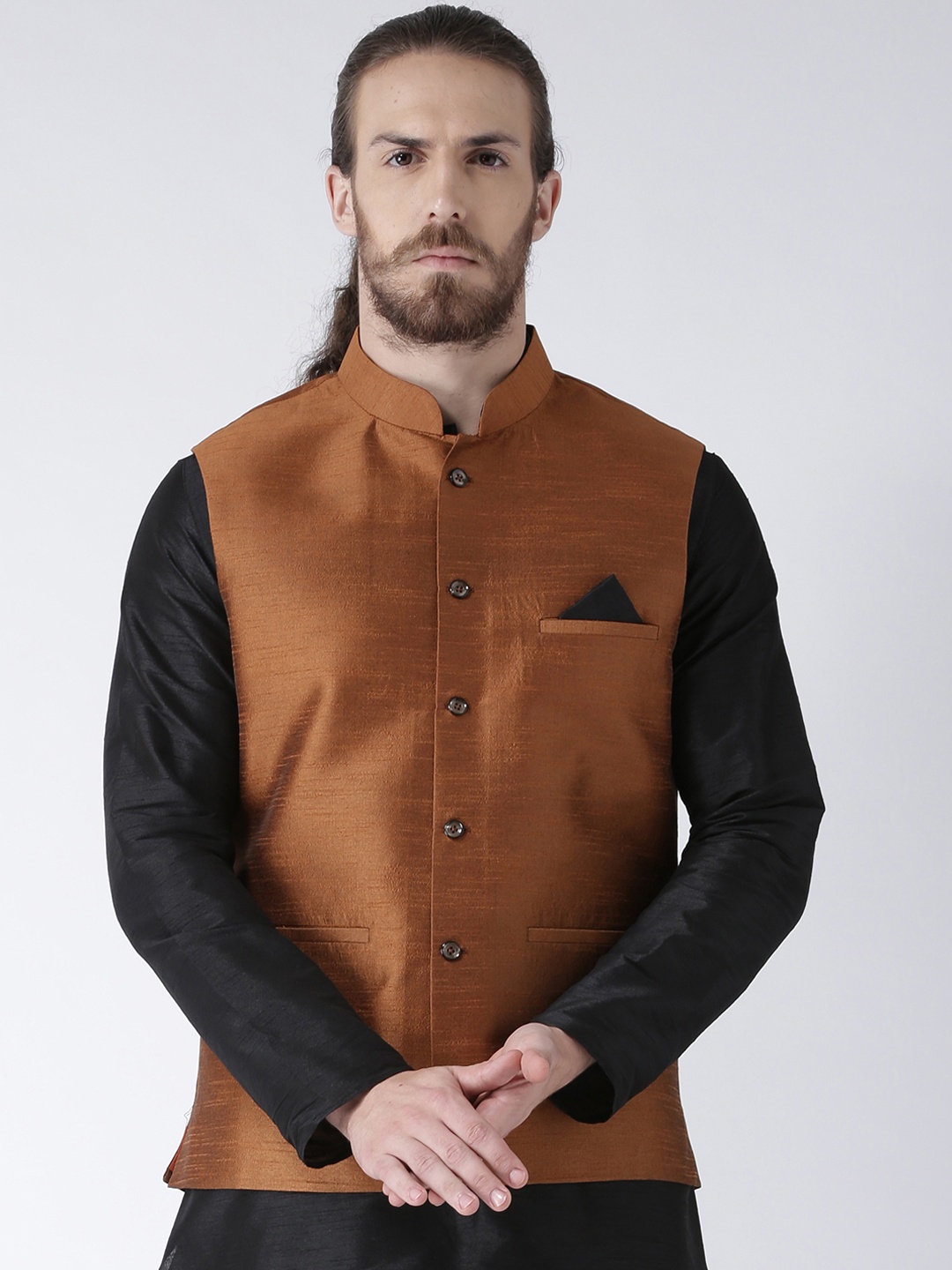 

DEYANN Men Copper-Coloured Solid Woven Nehru Jacket