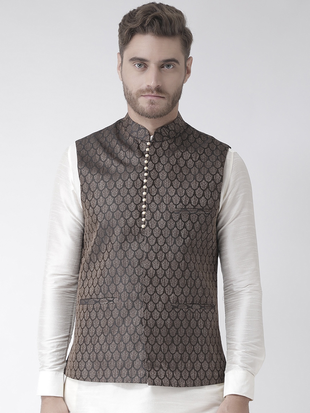 

DEYANN Men Black & Brown Woven Design Nehru Jacket