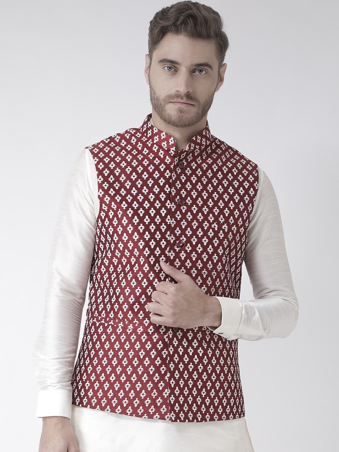 

DEYANN Men Red & White Printed Woven Nehru Jacket