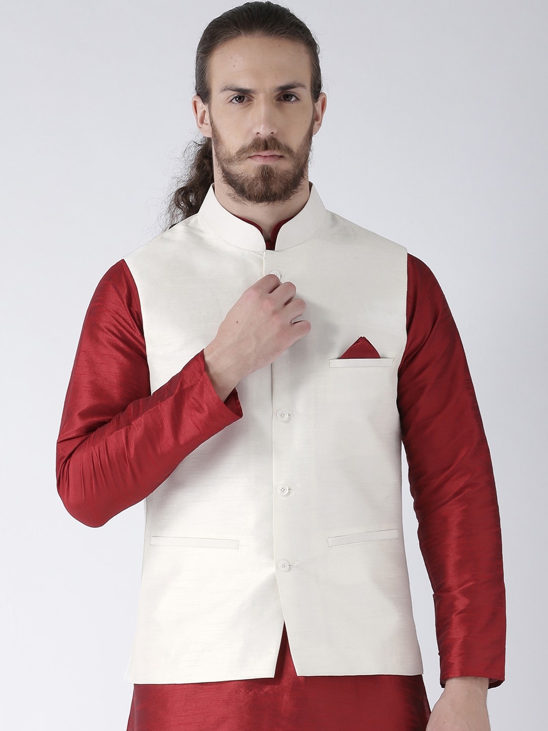 

DEYANN Men Off-White Solid Woven Nehru Jacket