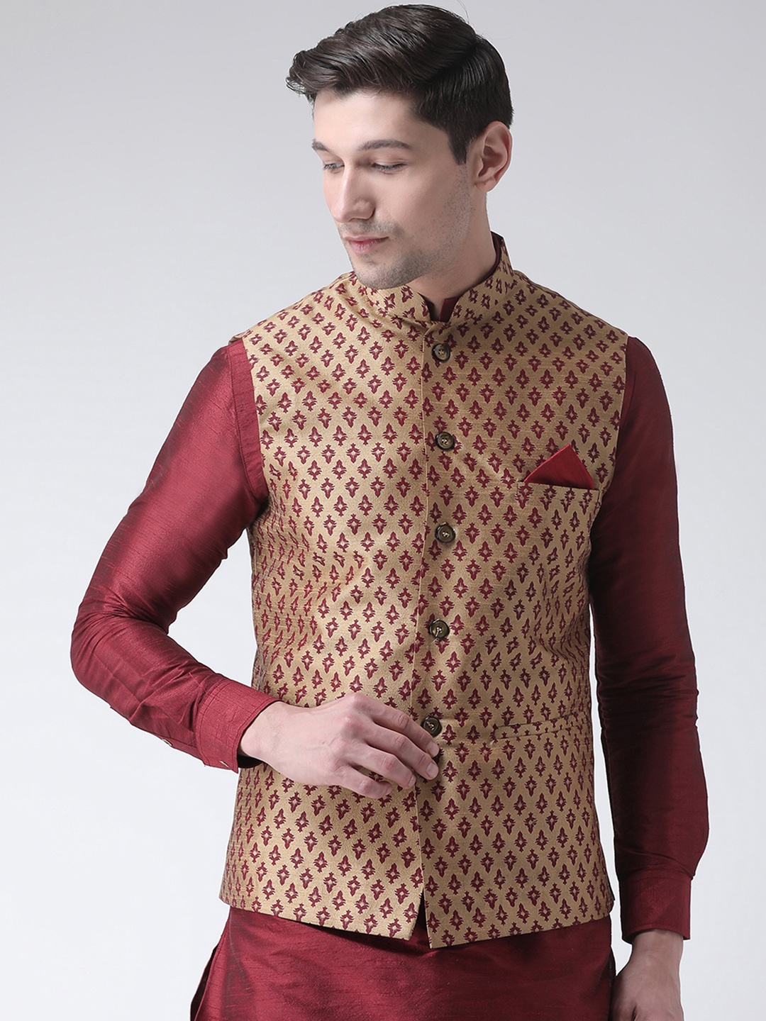 

DEYANN Men Brown & Maroon Printed Woven Nehru Jacket