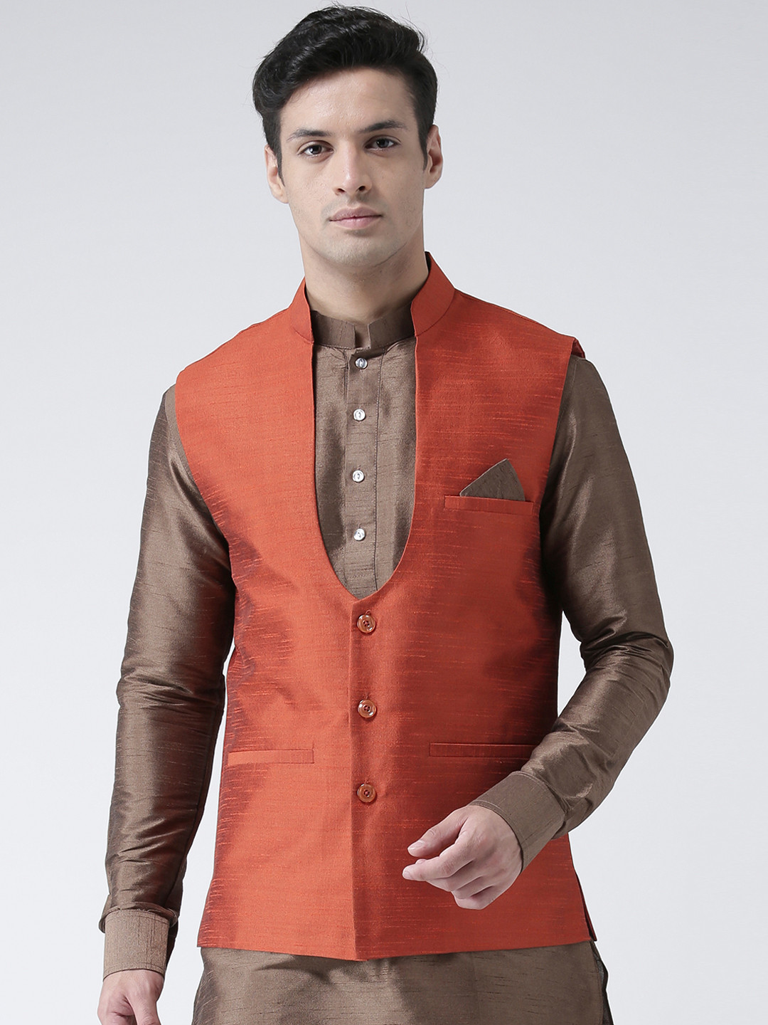 

DEYANN Men Rust Orange Solid Woven Nehru Jacket