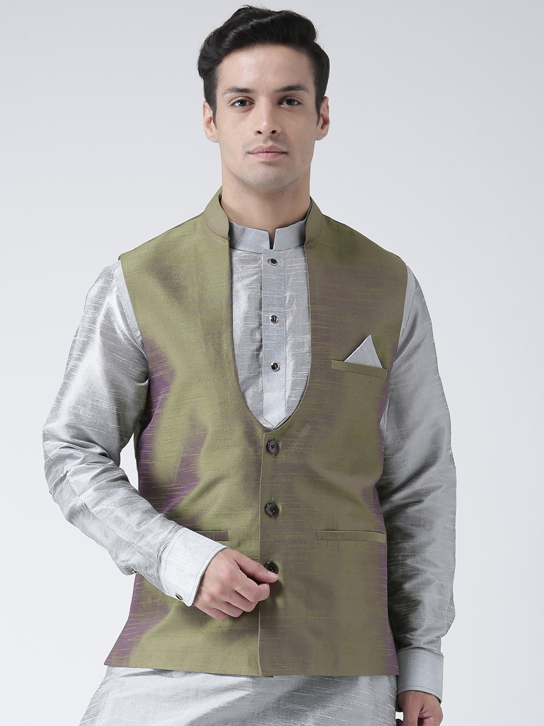 

Deyann Men Olive Green Solid Nehru Jacket
