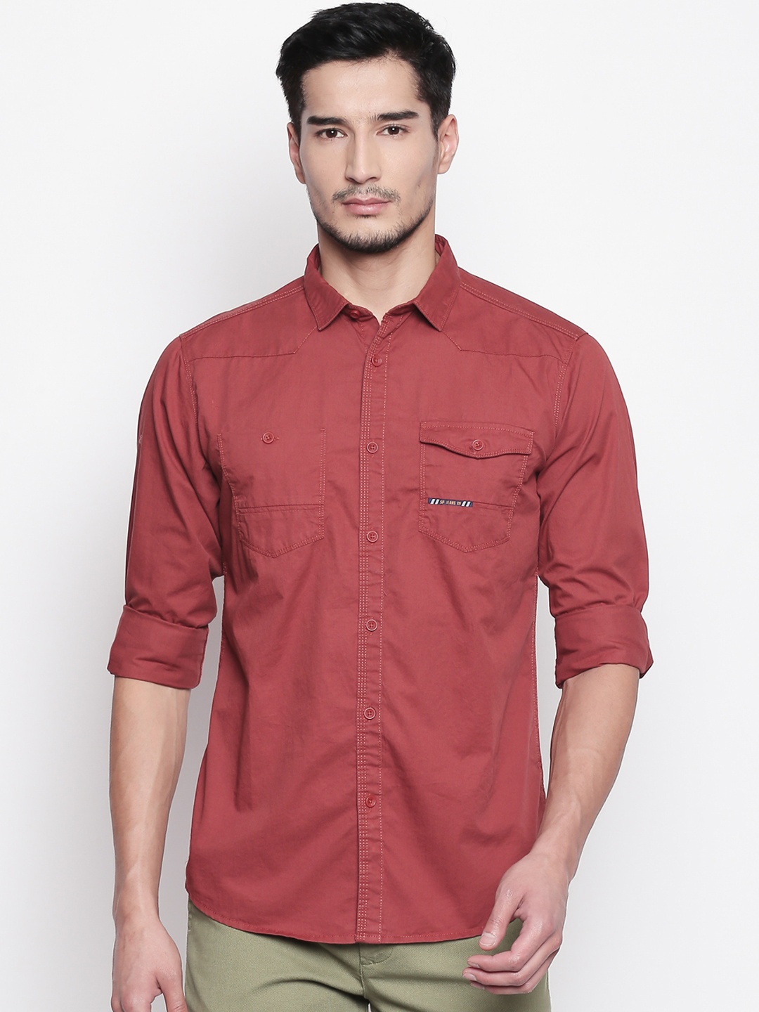 

SF JEANS by Pantaloons Men Rust Red Slim Fit Solid Casual Shirt