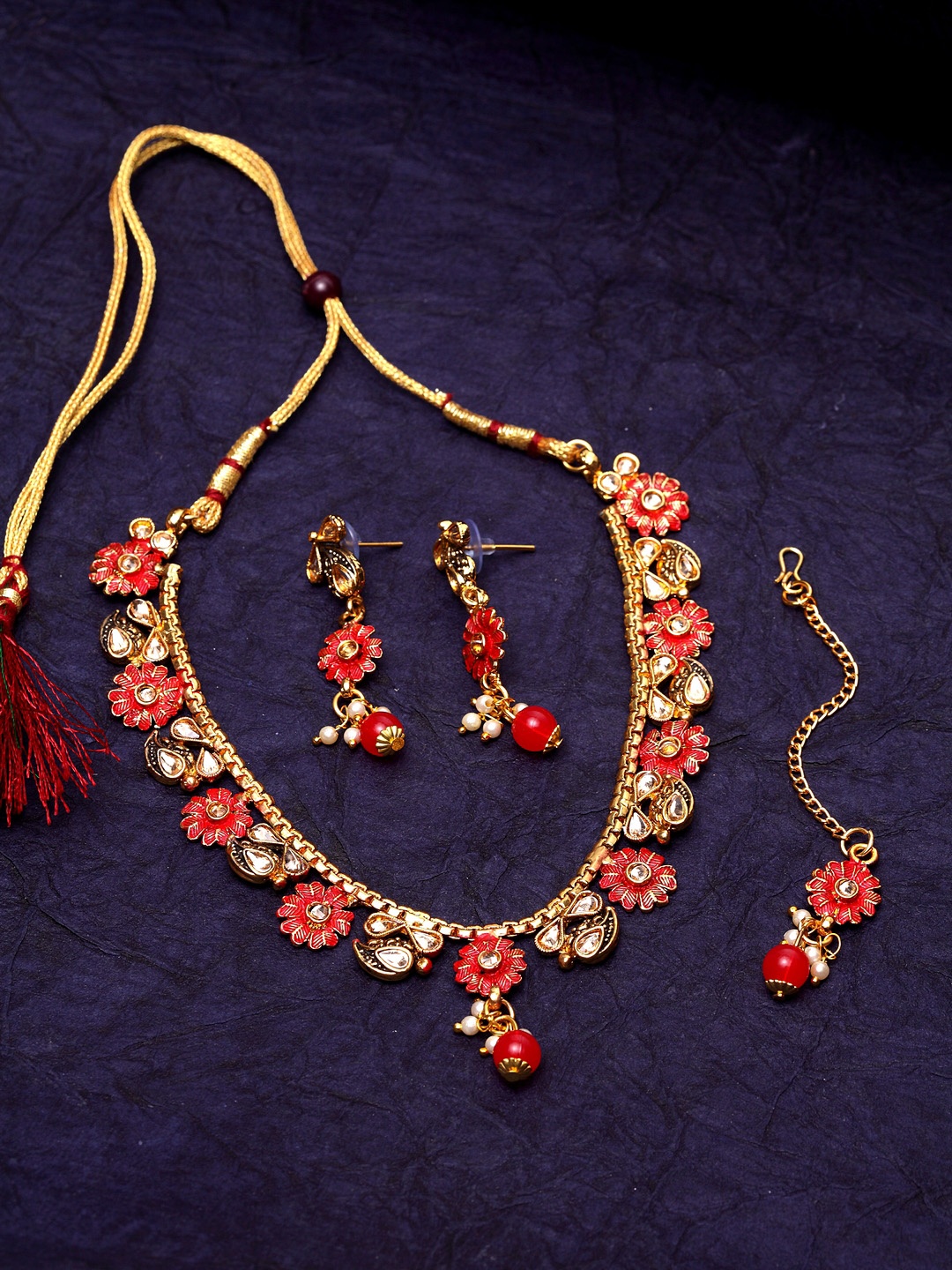 

ANIKAS CREATION Gold-Plated Red & White Kundan-Studded Beaded & Pearl Embellished Enamelled HandcraftedJewellery Set