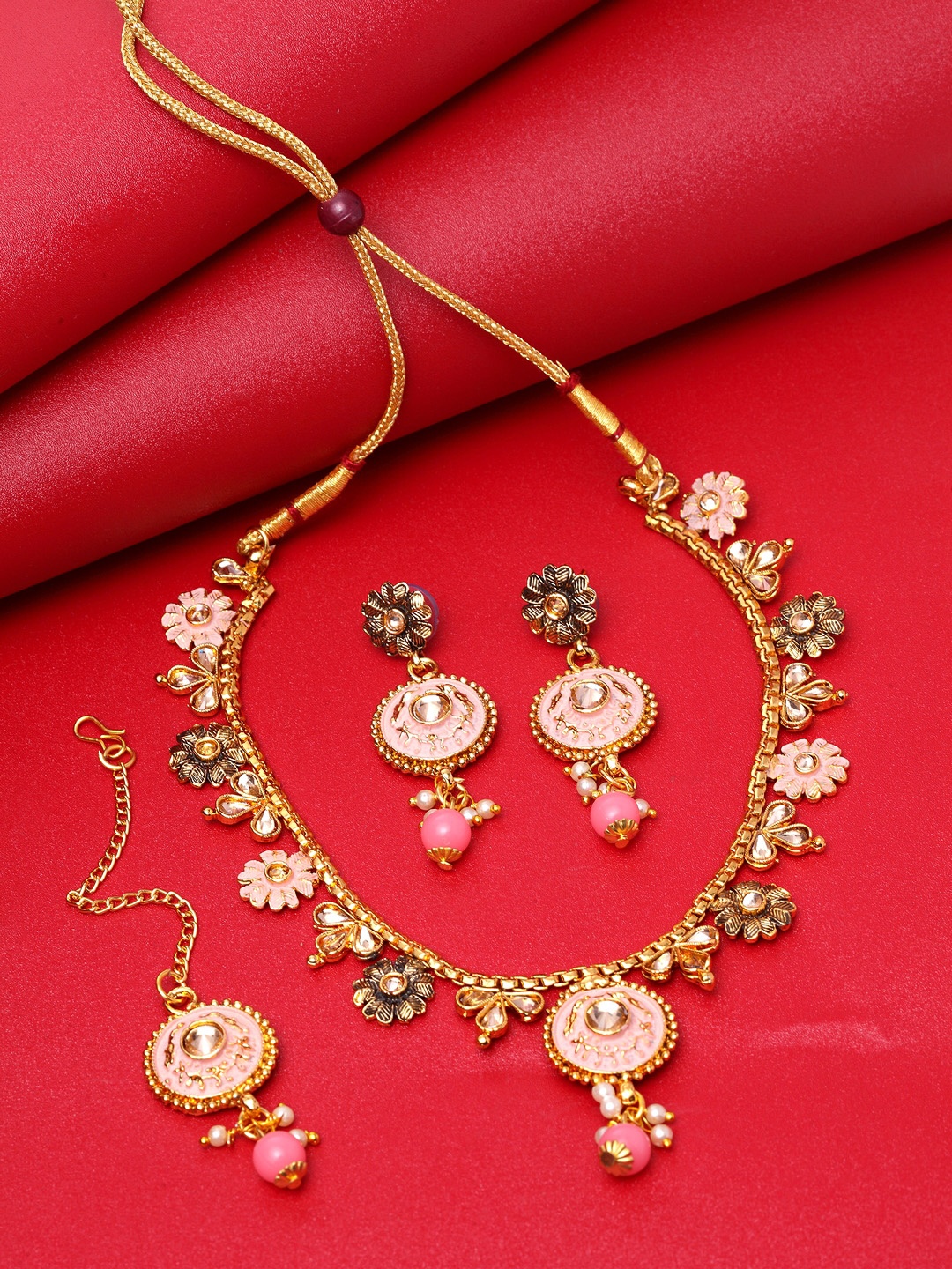 

ANIKAS CREATION Gold-Plated Pink & Beige Kundan Studded Handcrafted Enamelled Jewellery Set