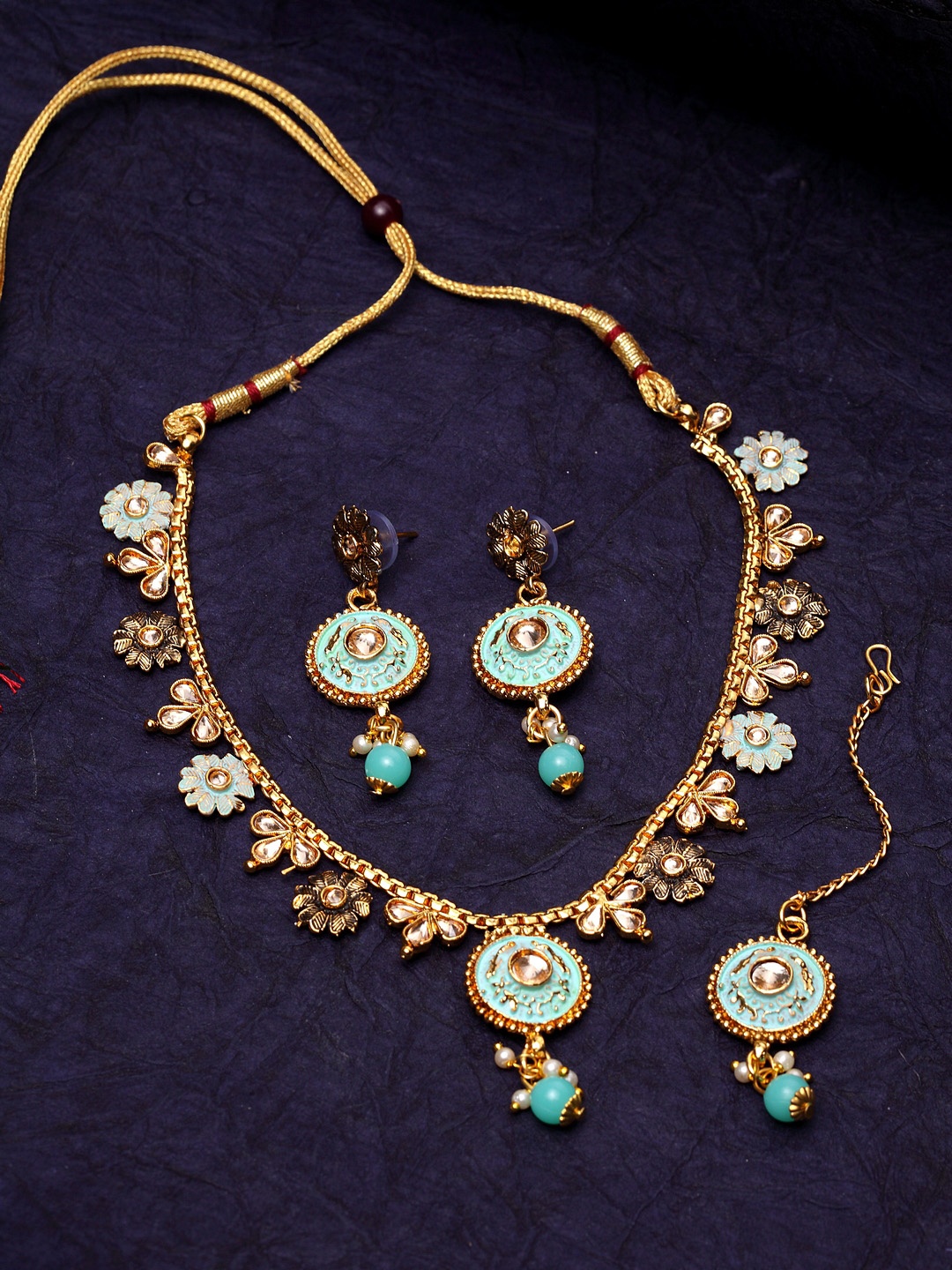 

ANIKAS CREATION Gold-Plated Sea Green & Beige Kundan-Studded Handcrafted Enamelled Jewellery Set