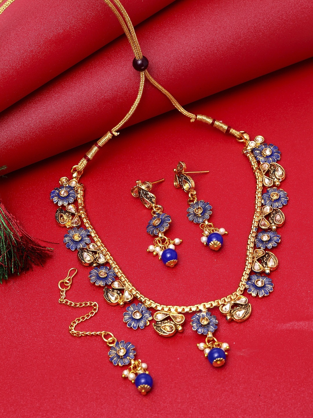 

ANIKAS CREATION Gold-Plated Blue & Beige Kundan-Studded Handcrafted Enamelled Jewellery Set