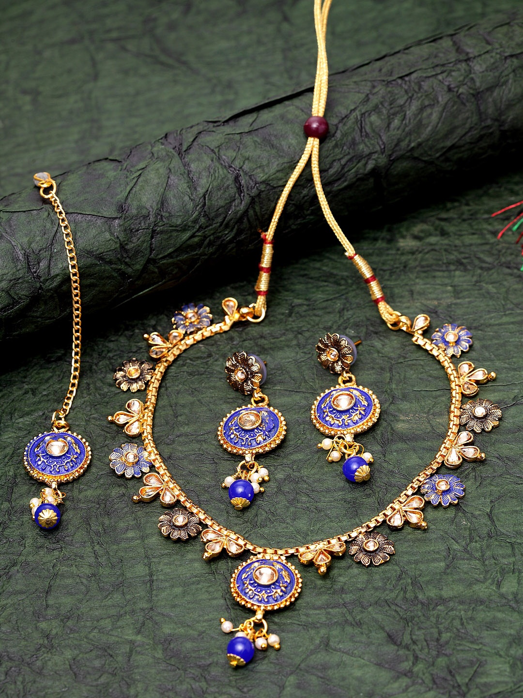 

ANIKAS CREATION Gold-Plated Blue & Beige Kundan-Studded Handcrafted Enamelled Jewellery Set