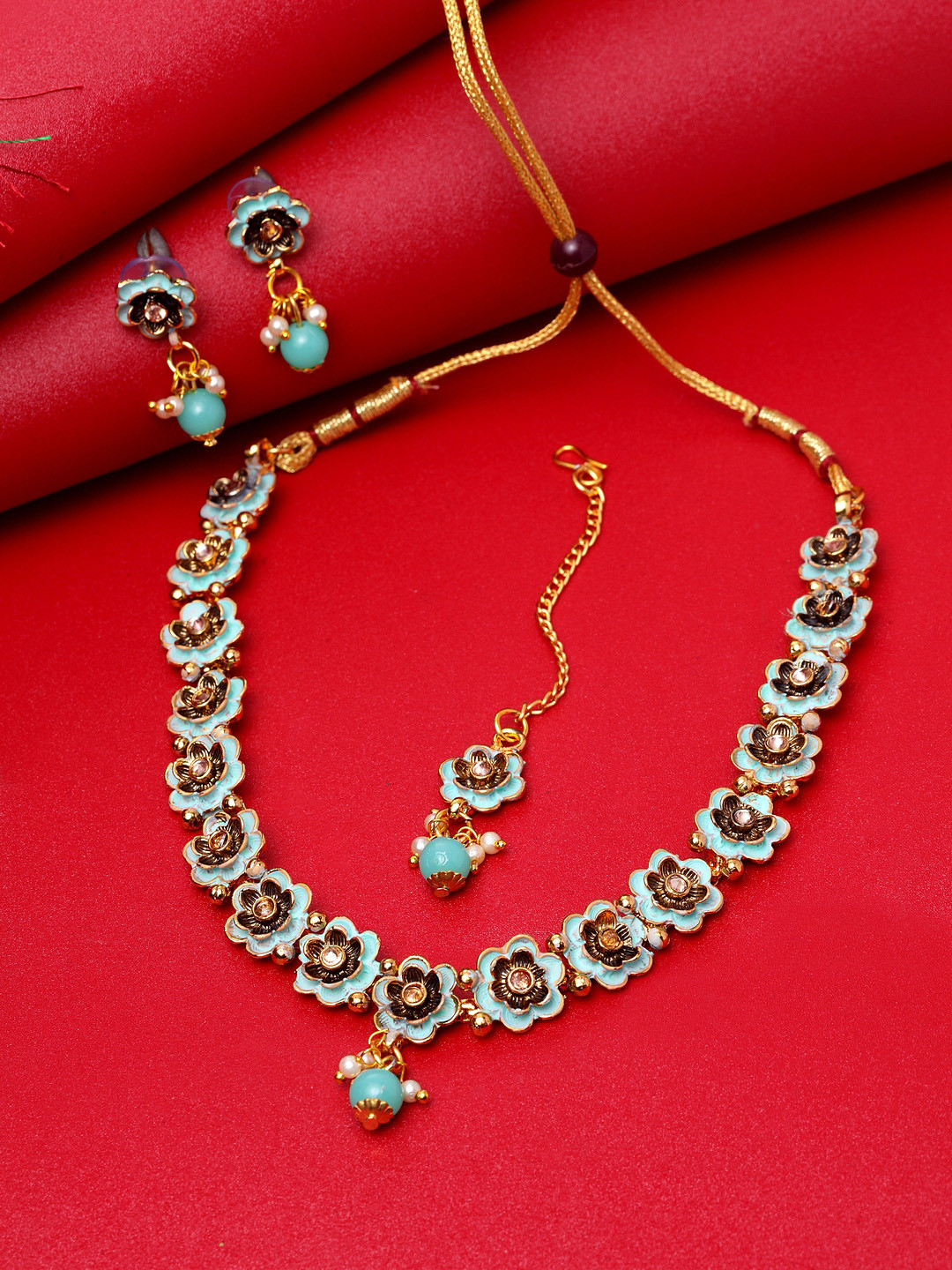 

ANIKAS CREATION Gold-Plated Turquoise Blue & Beige Stone-Studded Beaded Handcrafted Enamelled Jewellery Set
