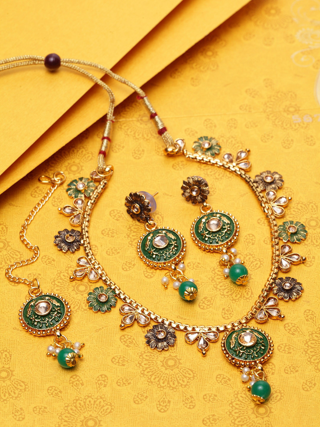 

ANIKAS CREATION Gold-Plated Green & Beige Handcrafted Enamelled Jewellery Set