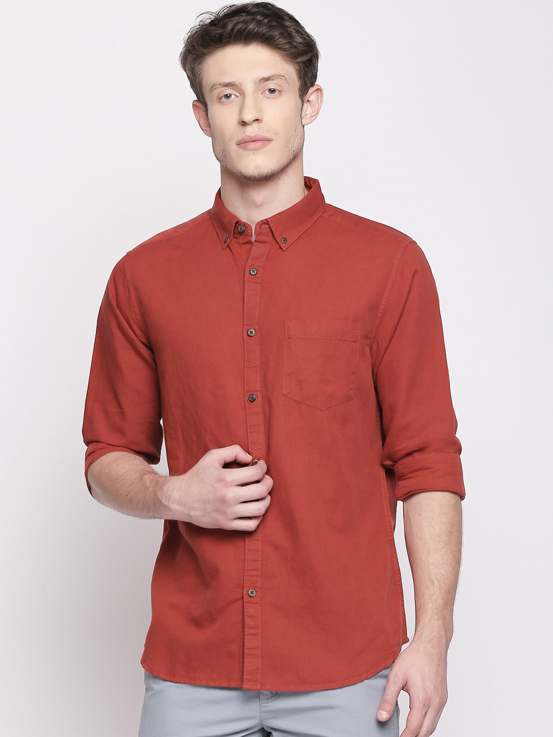 

BYFORD by Pantaloons Men Rust Brown Regular Fit Solid Casual Shirt