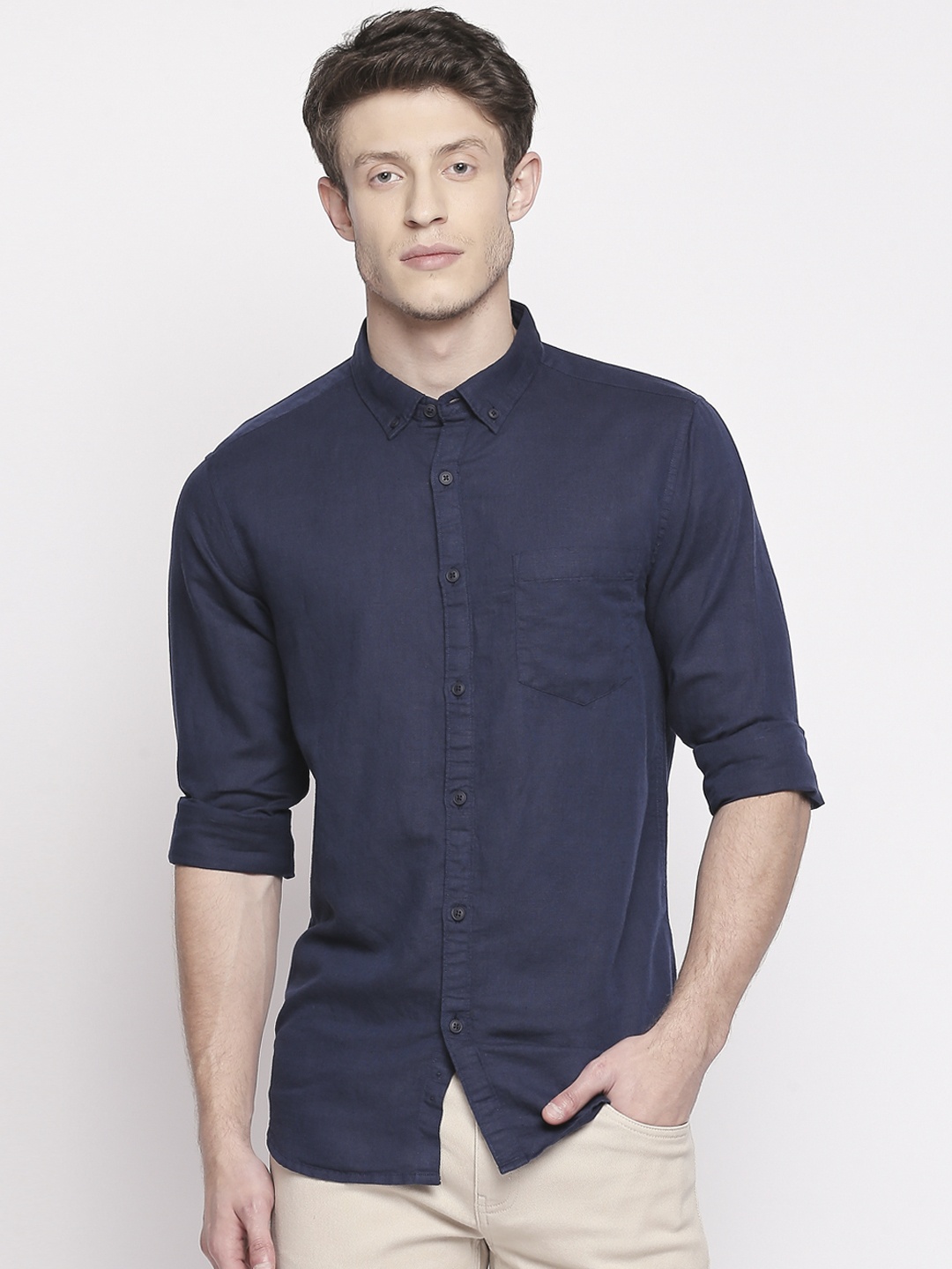 

BYFORD by Pantaloons Men Navy Blue Solid Casual Shirt