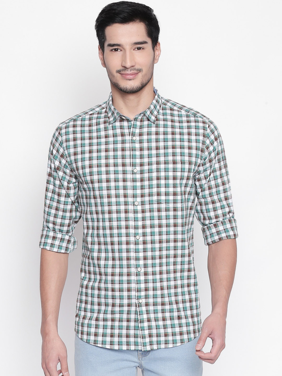 

BYFORD by Pantaloons Men Green & White Slim Fit Checked Casual Shirt