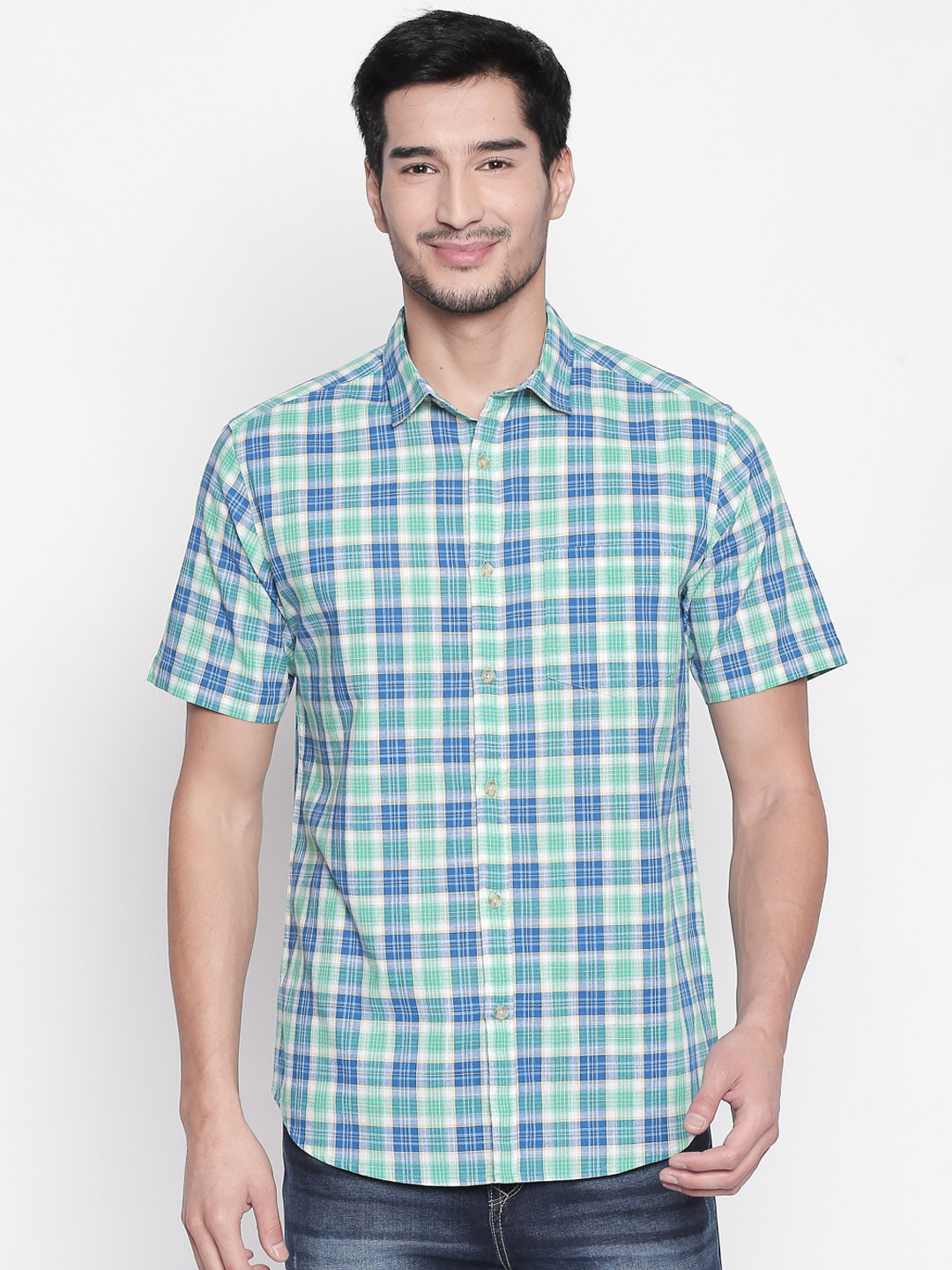 

BYFORD by Pantaloons Men Green & Blue Regular Fit Checked Casual Shirt