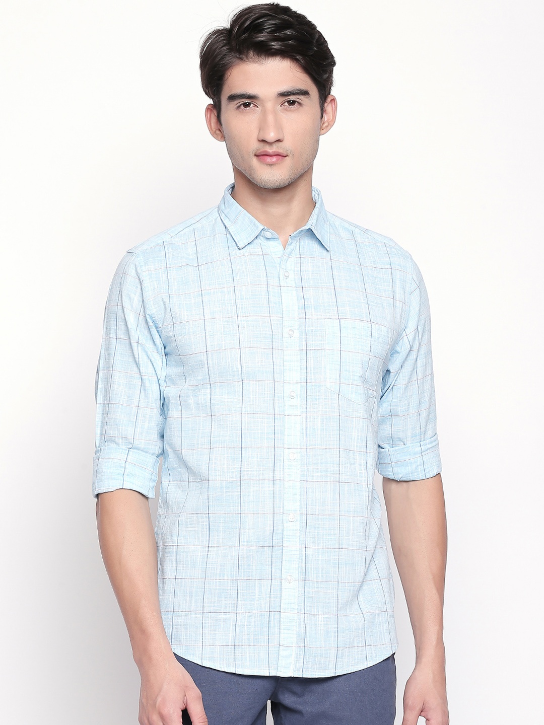 

BYFORD by Pantaloons Men Turquoise Blue Slim Fit Checked Casual Shirt