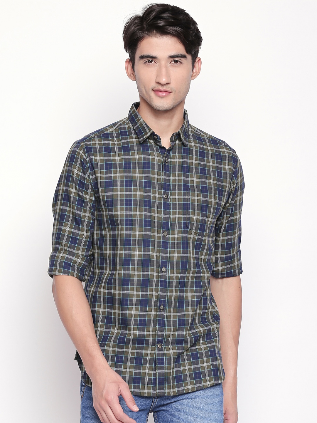 

BYFORD by Pantaloons Men Green & Navy Blue Slim Fit Checked Casual Shirt