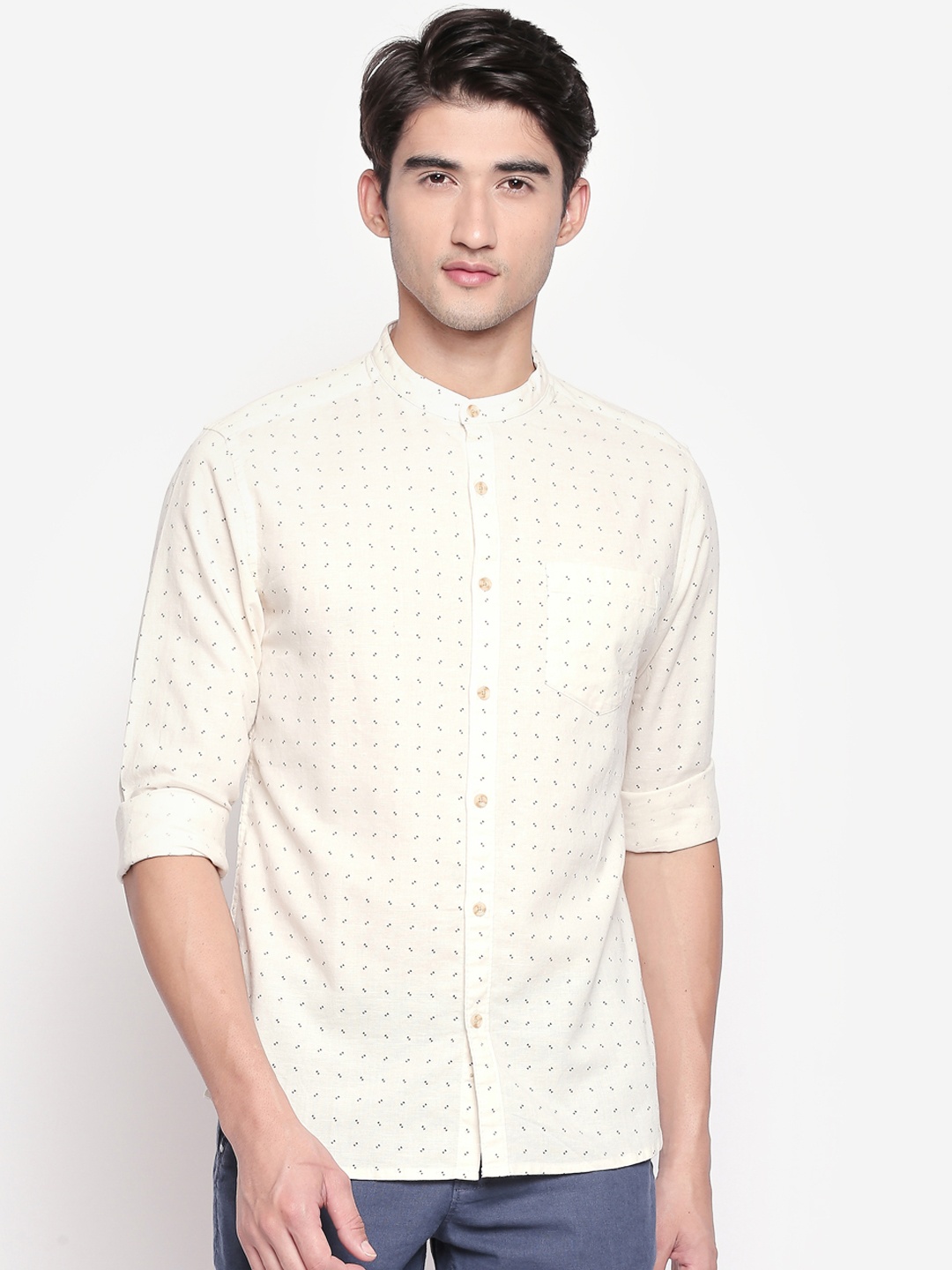 

BYFORD by Pantaloons Men Yellow & Navy Blue Regular Fit Printed Casual Shirt