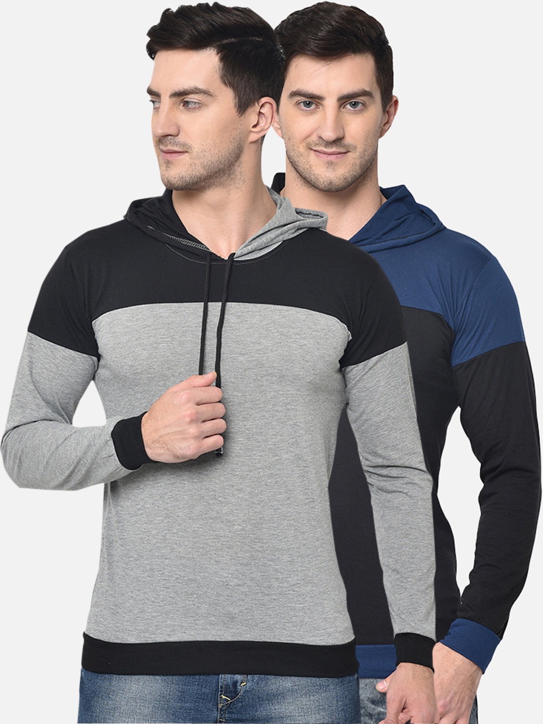 

VIMAL JONNEY Men Pack Of 2 Colourblocked Hooded T-shirts, Grey