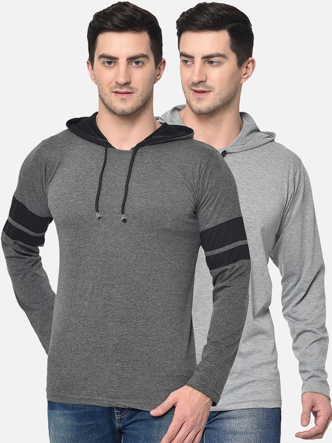 

VIMAL JONNEY Men Pack Of 2 Grey Solid Hood T-shirt